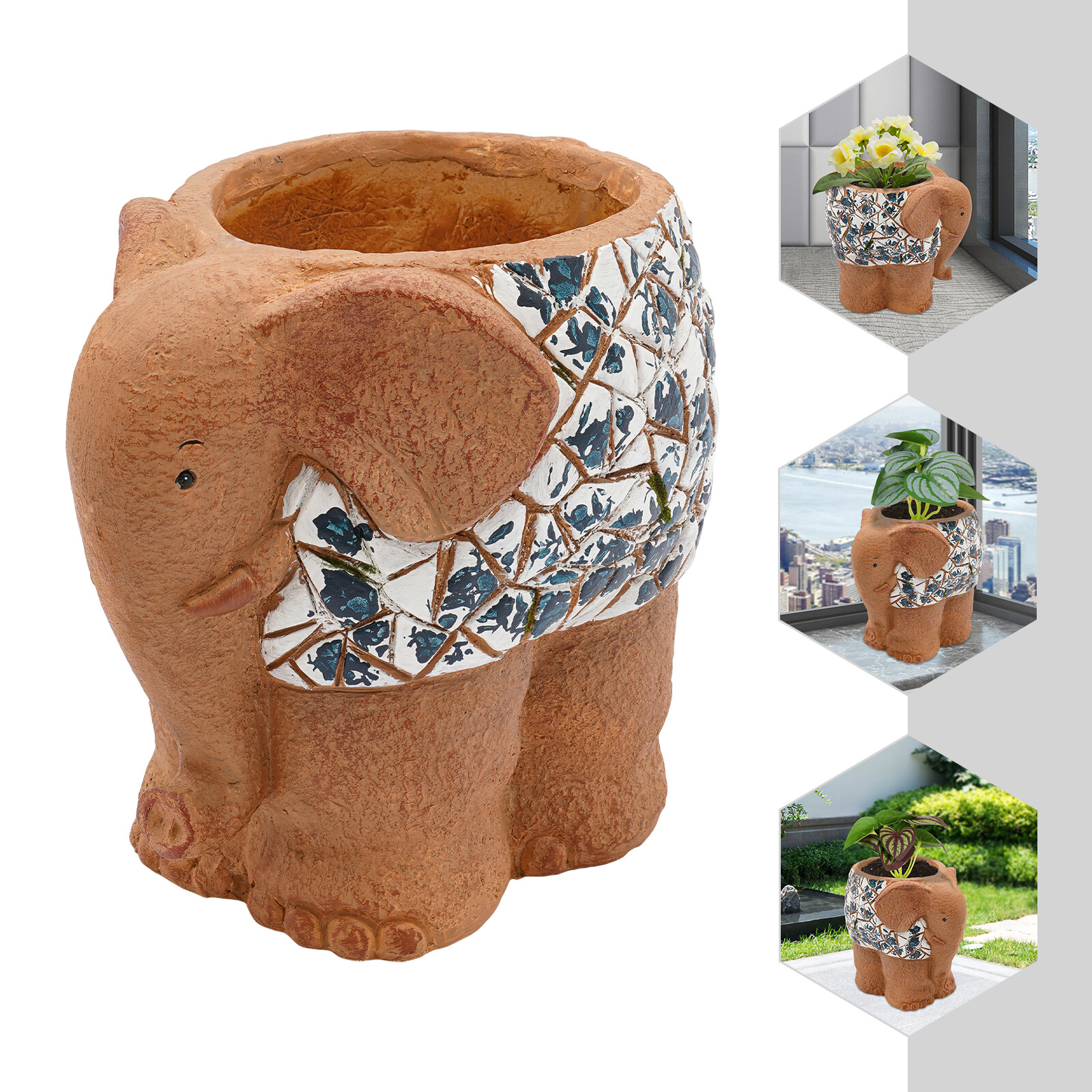 ToppiJoy Cute Elephant Shaped Flower Pot, Magnesium Oxide Animal-shaped Planter Pot with Drainage Hole, for Garden Yard Porch Patio Decor Brown