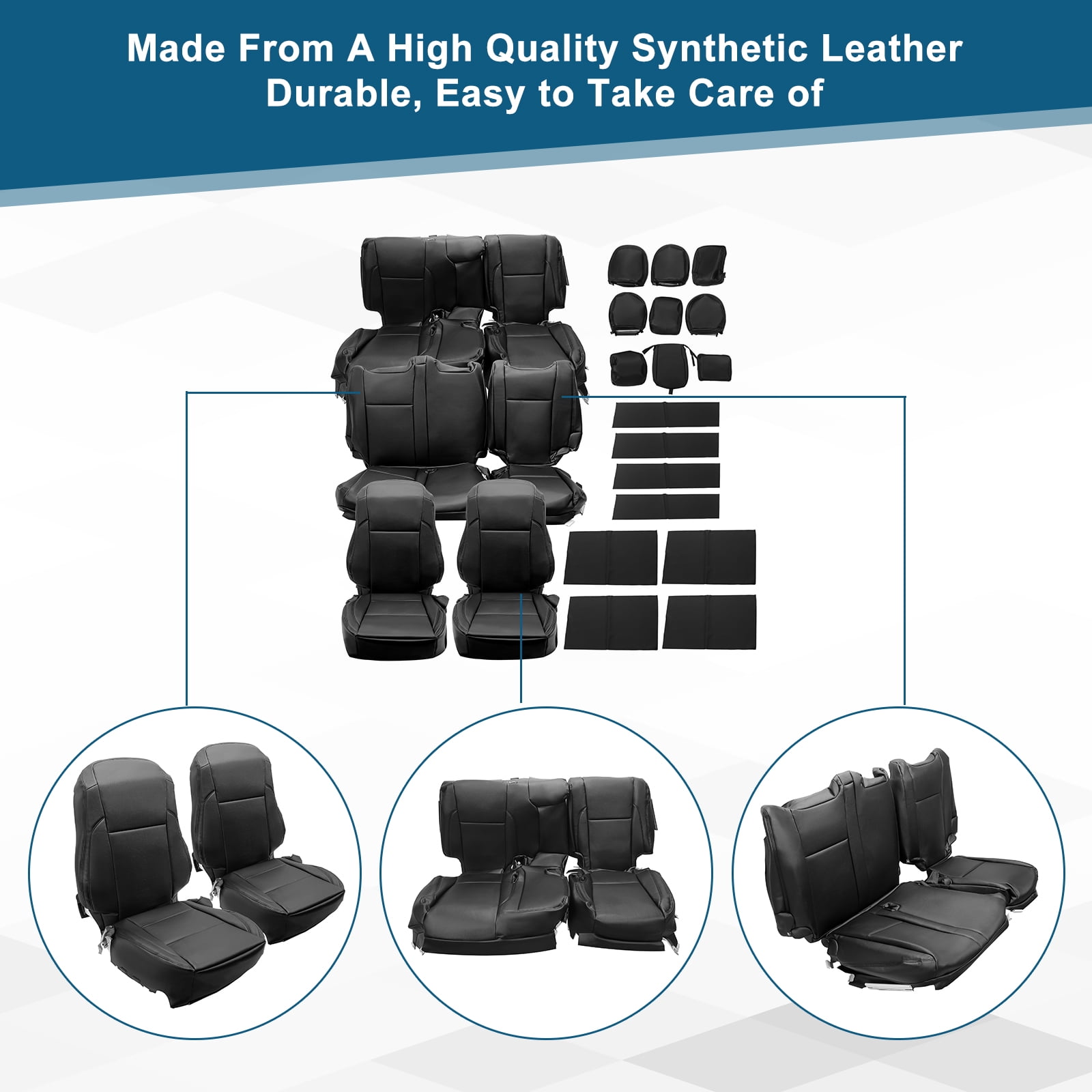 Kojem  Black Leather Car Seat Covers for 2014-2019 Toyota Highlander LE/Hybrid LE 7 Seat's Covers