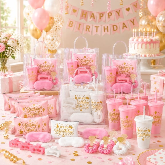 26 Pcs Pink and White Birthday Party Favors for Women, 6-Person Gift Set with Tumblers, Makeup Bags and Accessories