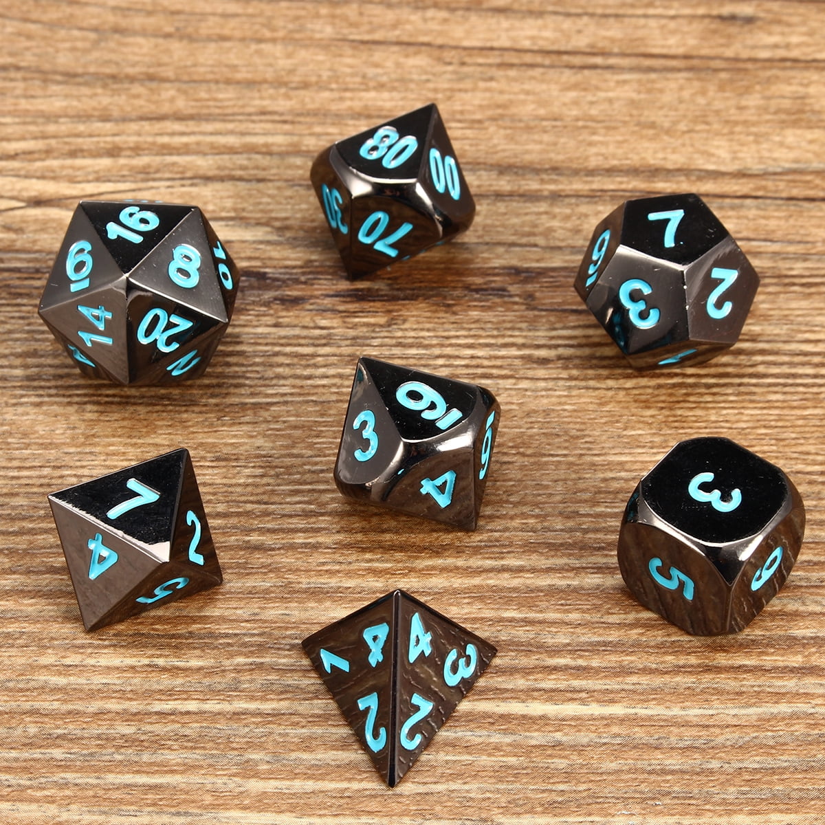 7 Die Metal Polyhedral Dice Set with Metal Dice Bag and Gold Number for