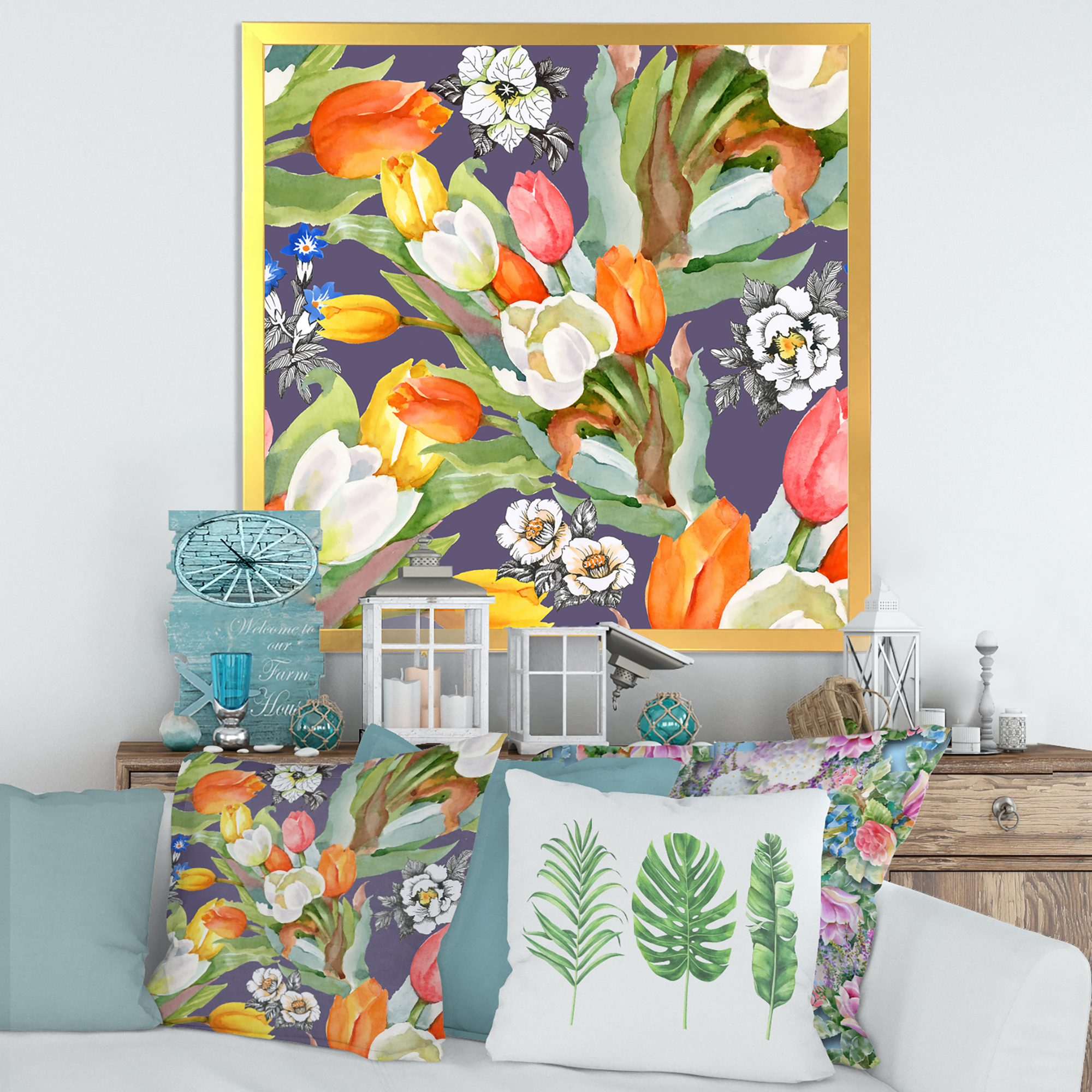 Designart 'Blooming Orange and White Tulips III' Traditional Framed Art Print