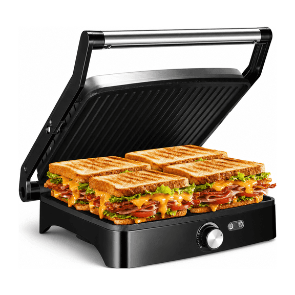 OSTBA Electric Contact Grill and Panini Press, 1200W Indoor Grill with 180° Open Flat Design, Nonstick Double-Sided Heating Plates, Grease Drain Tray for Sandwiches, Burgers, Steak, Chicken