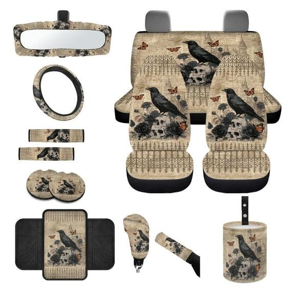 Renewold Crow Skull Butterfly Retro Car Seat Cover Full Set 14 PCS, with Steering Wheel Seat Belt Pad Garbage Bin Armrest Pad Rearview Mirror Handbrake Cover Set Coaster Halloween Auto Decor
