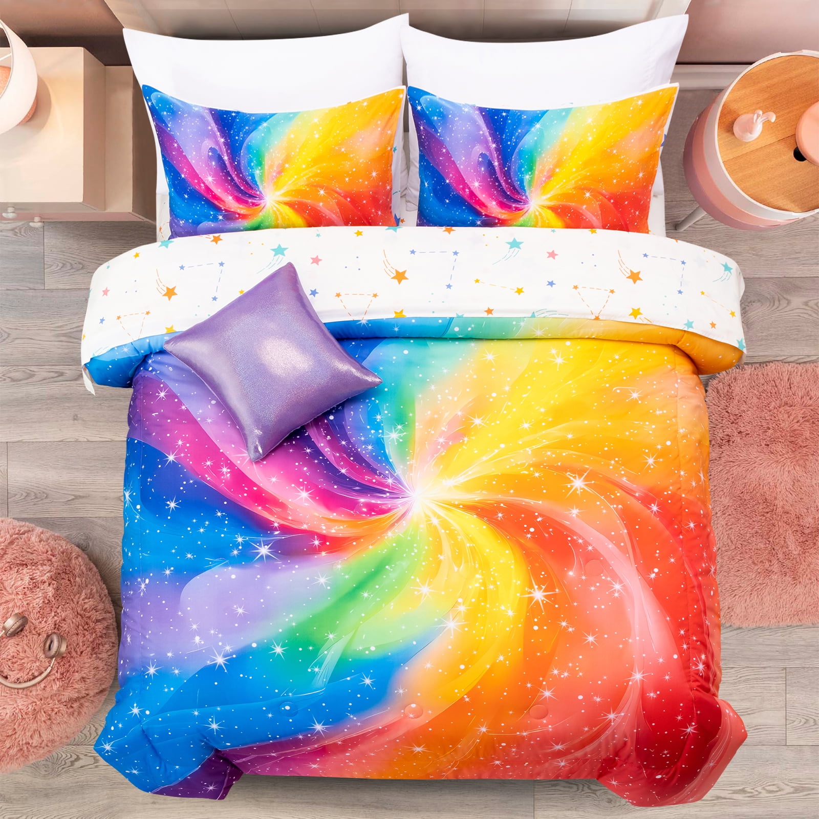 Btargot 6 Piece Galaxy Girl Comforter Set Twin Colorful Gradient Glitter Rainbow Bedding Set
