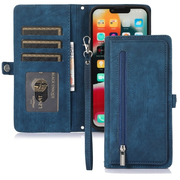 Flip Case Cover for Samsung Galaxy A22 5G Case, Multi-Card Zipper Wallet Phone Case Leather Folio Flip Wallet Magnetic Wallet Case Phone Cover Case for Samsung Galaxy A22 5G Phone Back Cover,Blue