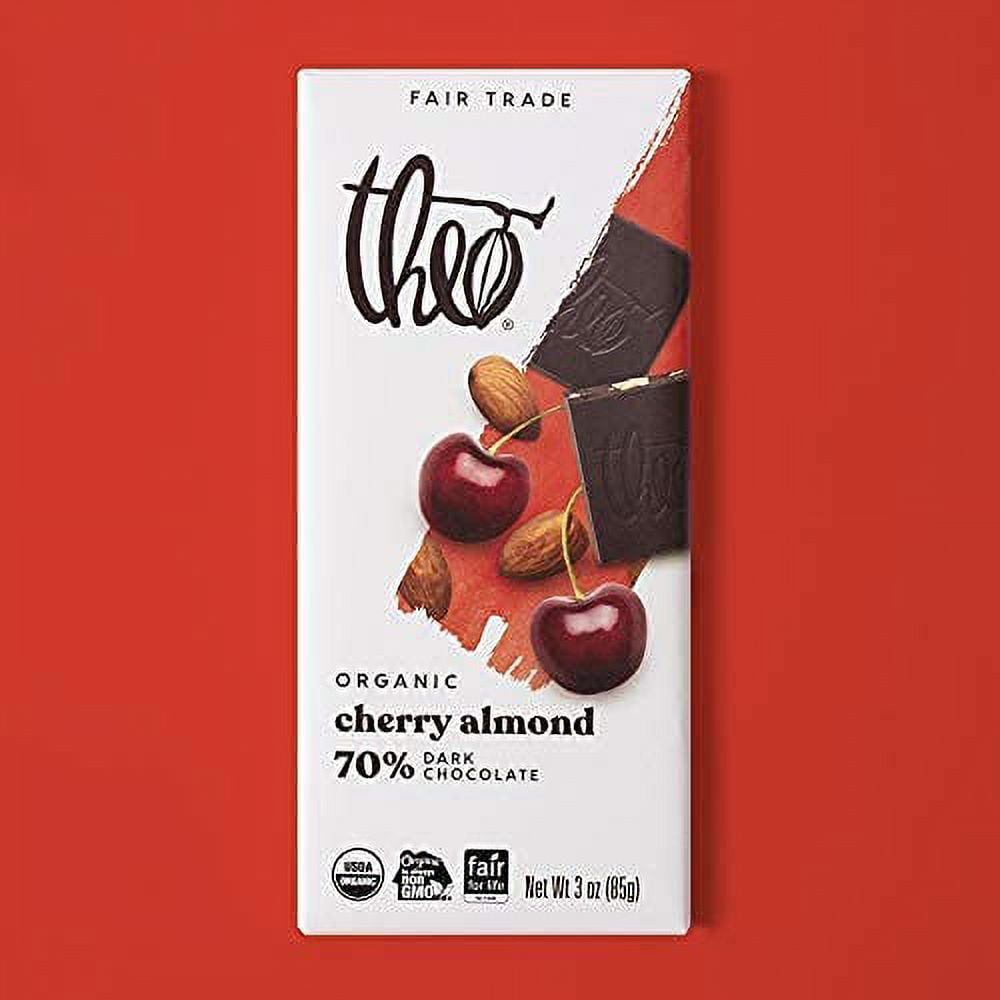 Theo Chocolate Organic 70% Dark Chocolate Bar Cherry & Almond 3 oz Pack of 4