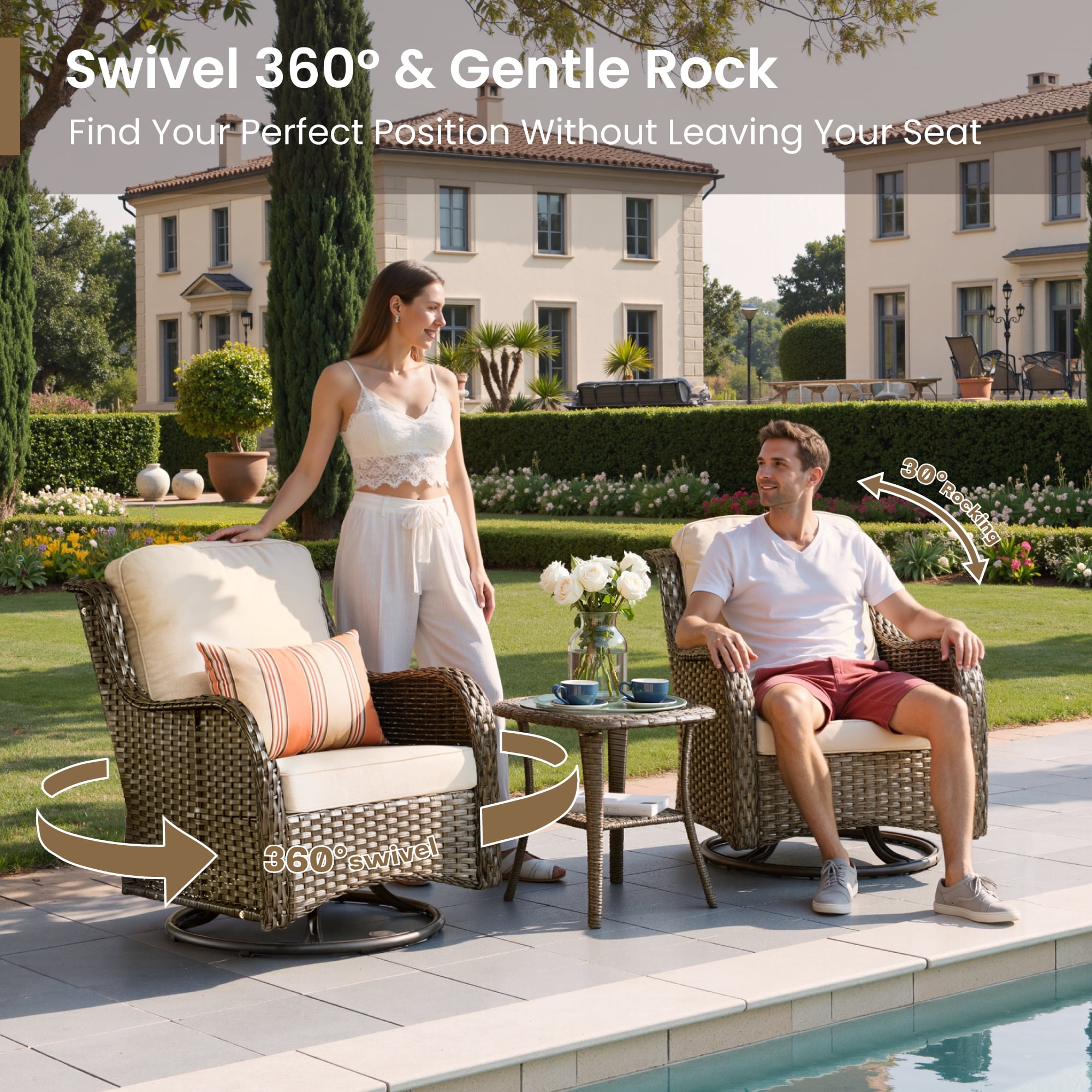 Vcatnet 6 Pieces Outdoor Patio Furniture Wicker High-Back Conversation Set with Swivel Rocking Chairs and Ottoman, Beige