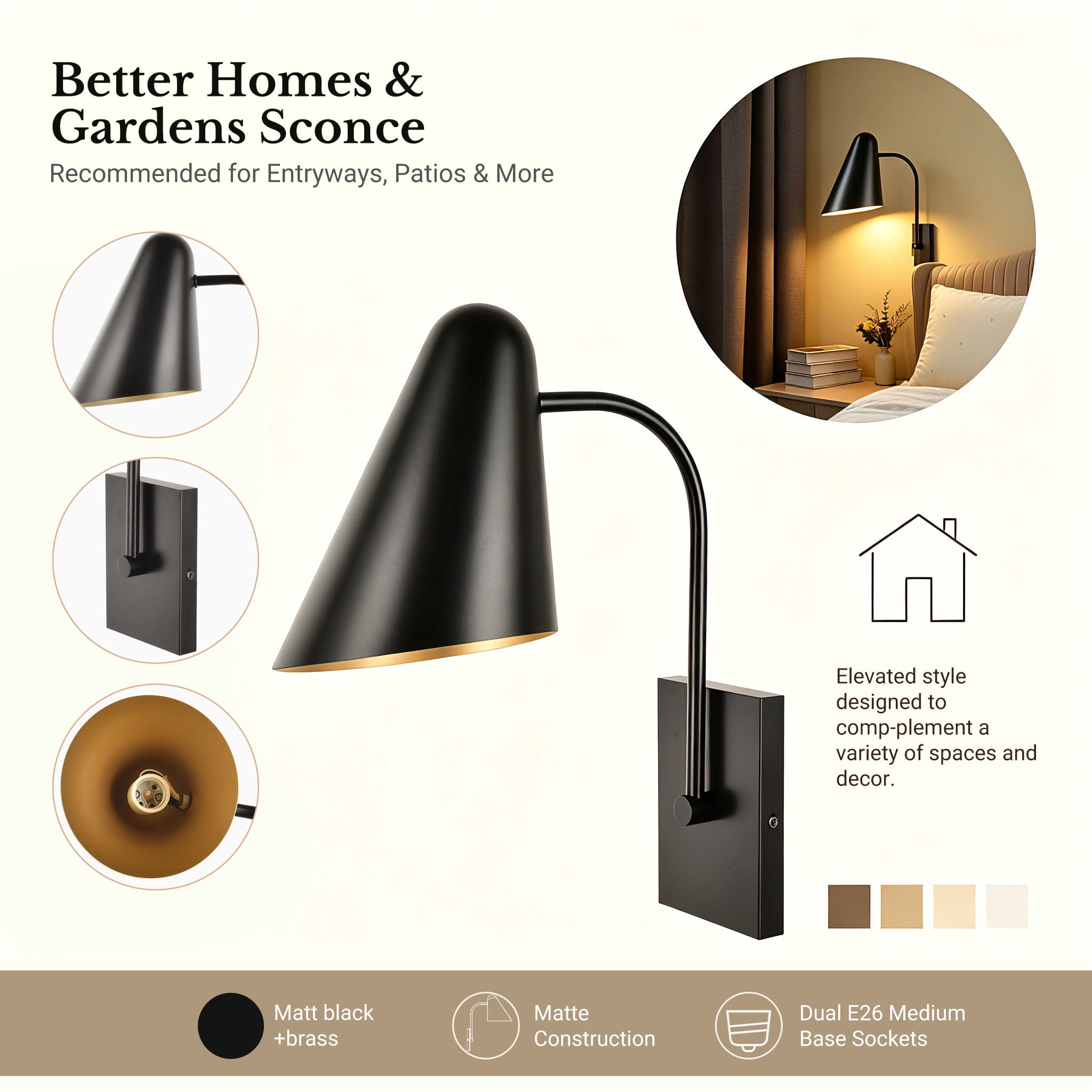 Better Homes &Gardens 15.16in Contemporary Black 1-Light Indoor Wall Light, Brass Interior No Bulb