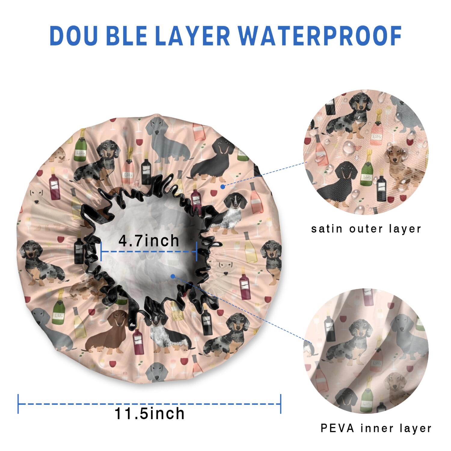 Shower Caps,Black Cute Dachshund Dog and Wine Waterproof Shower Cap for Women 4 Pieces,Double Reusable Hair Cover for Shower PEVA Elastic Stretch Hem