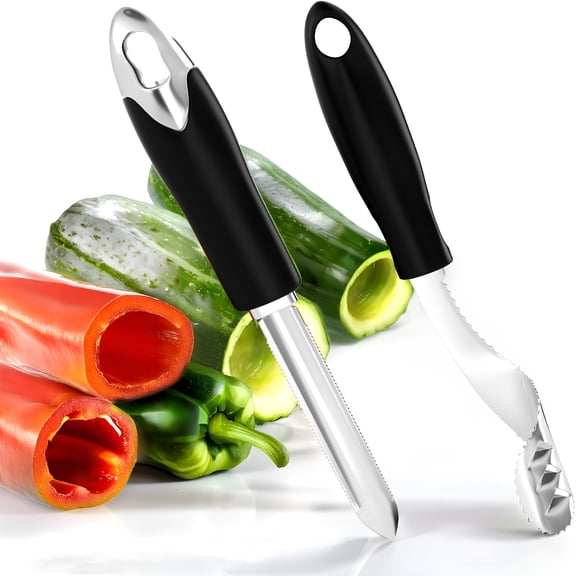 XIBUFE Corer&Zucchini/Cucumber Corer,Set of 2,Stainless Steel Core Kitchen Tool with Serrated Slice and Rubber Handle,Easy for Seed Remover Or Slice