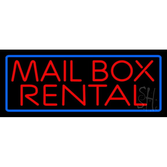 Block Mail Box Rental Blue Border LED Neon Sign 13 x 32 - inches, Black Square Cut Acrylic Backing, with Dimmer - Bright and Premium built indoor LED Neon Sign for Store interior and stroefront