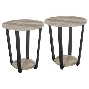 DyGTyX 2-Tier Round End Tables Living Room Set of 2, Industrial Small Round End Side Snack Table with Stable Storage Shelf and Metal Legs for Small Spaces, Accent Furniture with Steel Frame, Gray