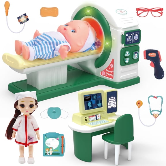 Hospital Playset, 12PCS Doctor Play Toys, CT Machine Model with Light Voice, Educational Learning Gift for Boy Girl