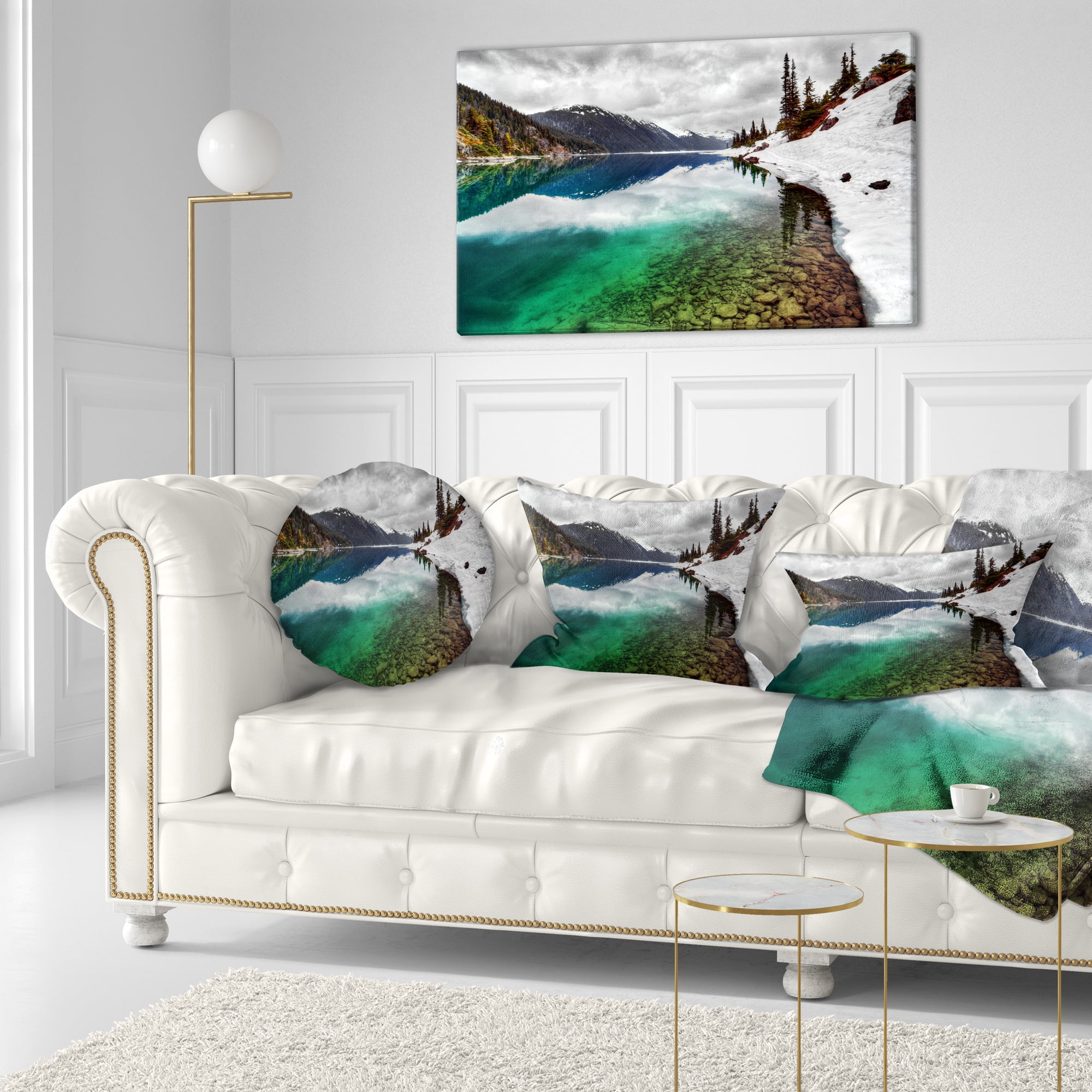 Designart Clear Lake Pine Trees and Mountains - Landscape Printed Throw Pillow - 12x20