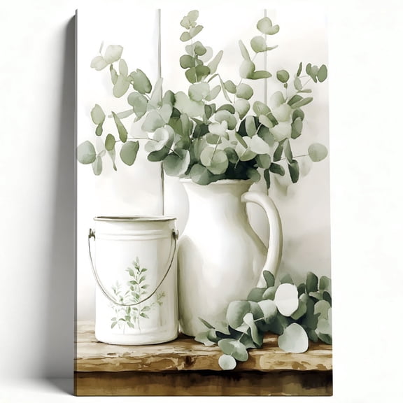 Eucalyptus In White Pitcher Canvas Wall Art, Minimalist Greenery Botanical Decor, Farmhouse Style Watercolor Artwork For Bathroom, Kitchen, Bedroom, Ready To Hang 8*12inch(20*30cm)