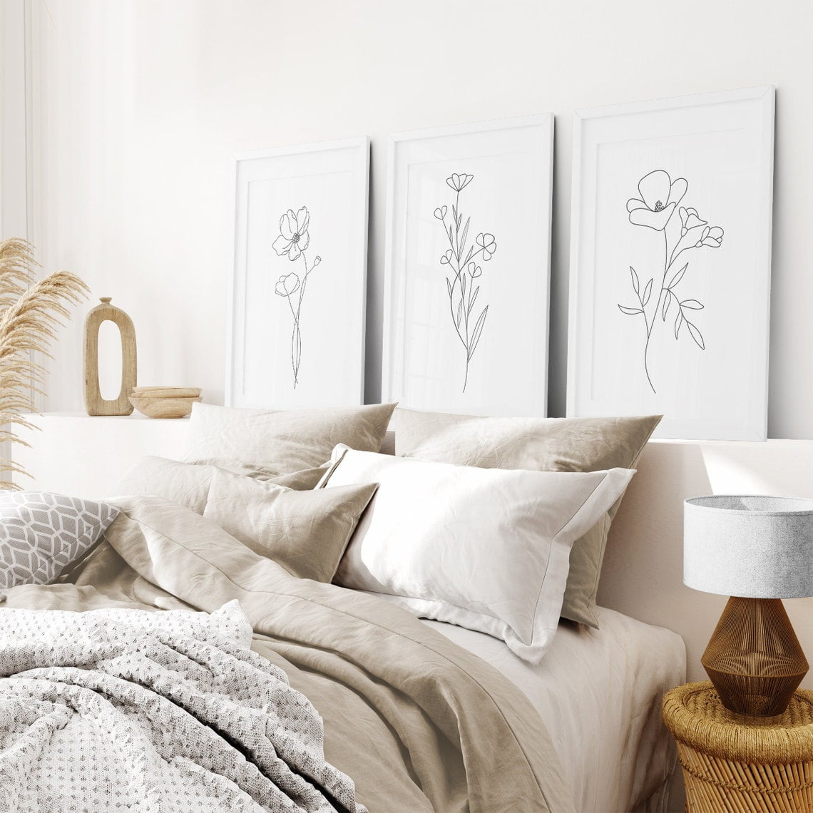 Flower Line Canvas Painting Minimalist Print Set of 3 Posters Prints Wall Art Pictures for Living Room Bedroom Home Decor with Wooden Inner Frame