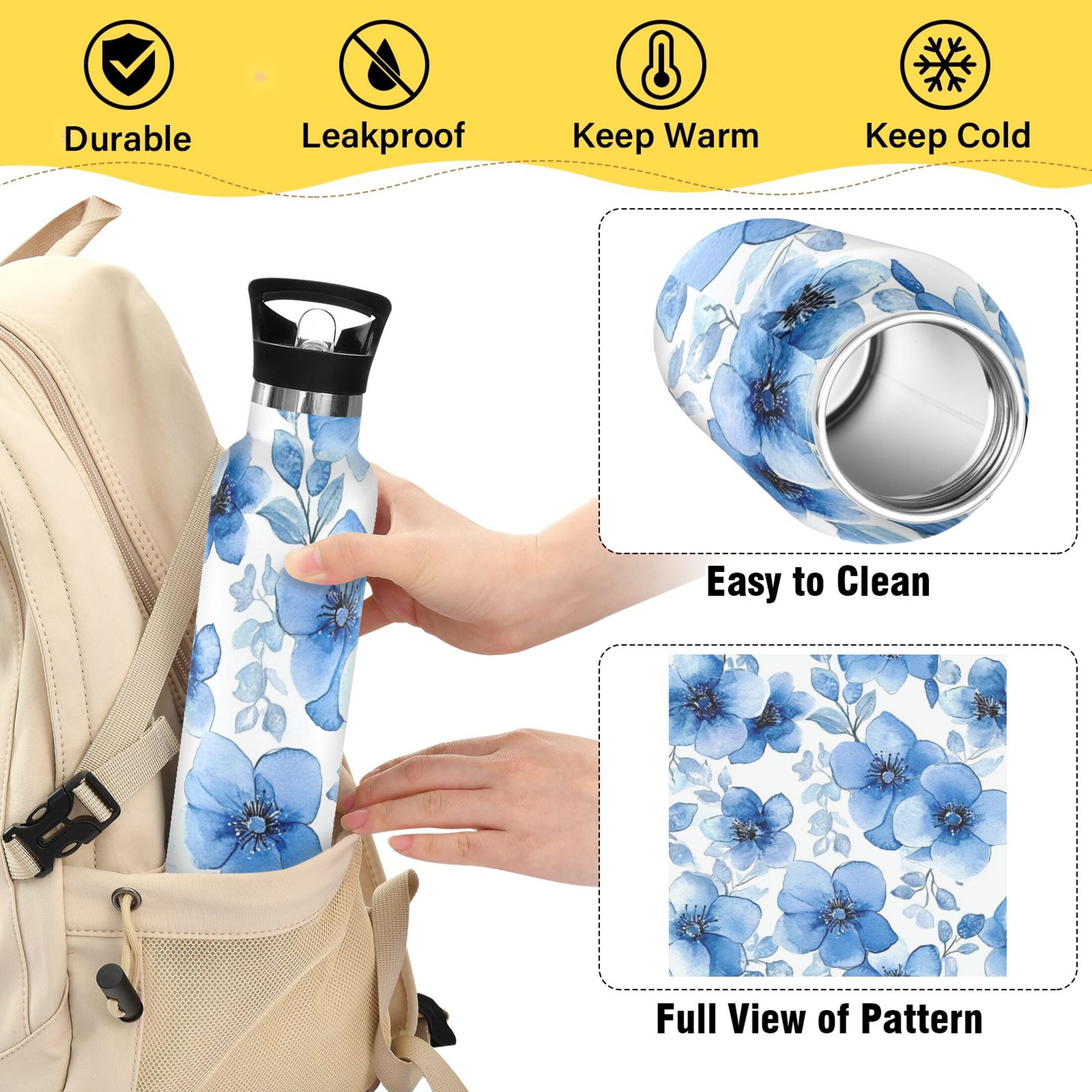 600ML Stainless Steel Insulated Cup Sports Water Bottle Portable Thermos Cup Water Glasses Insulated Tumblers Convenient and Durable Cartoon Blue Flowers