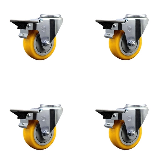 3.5 Inch Yellow Poly Wheel Swivel Bolt Hole Caster Set with Posi Lock Brakes SCC