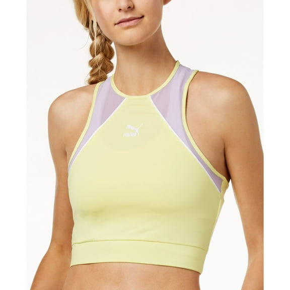 Puma Womens Colorblocked Mesh-Inset Racerback Cropped Tank Top,Sunny Lime,XS