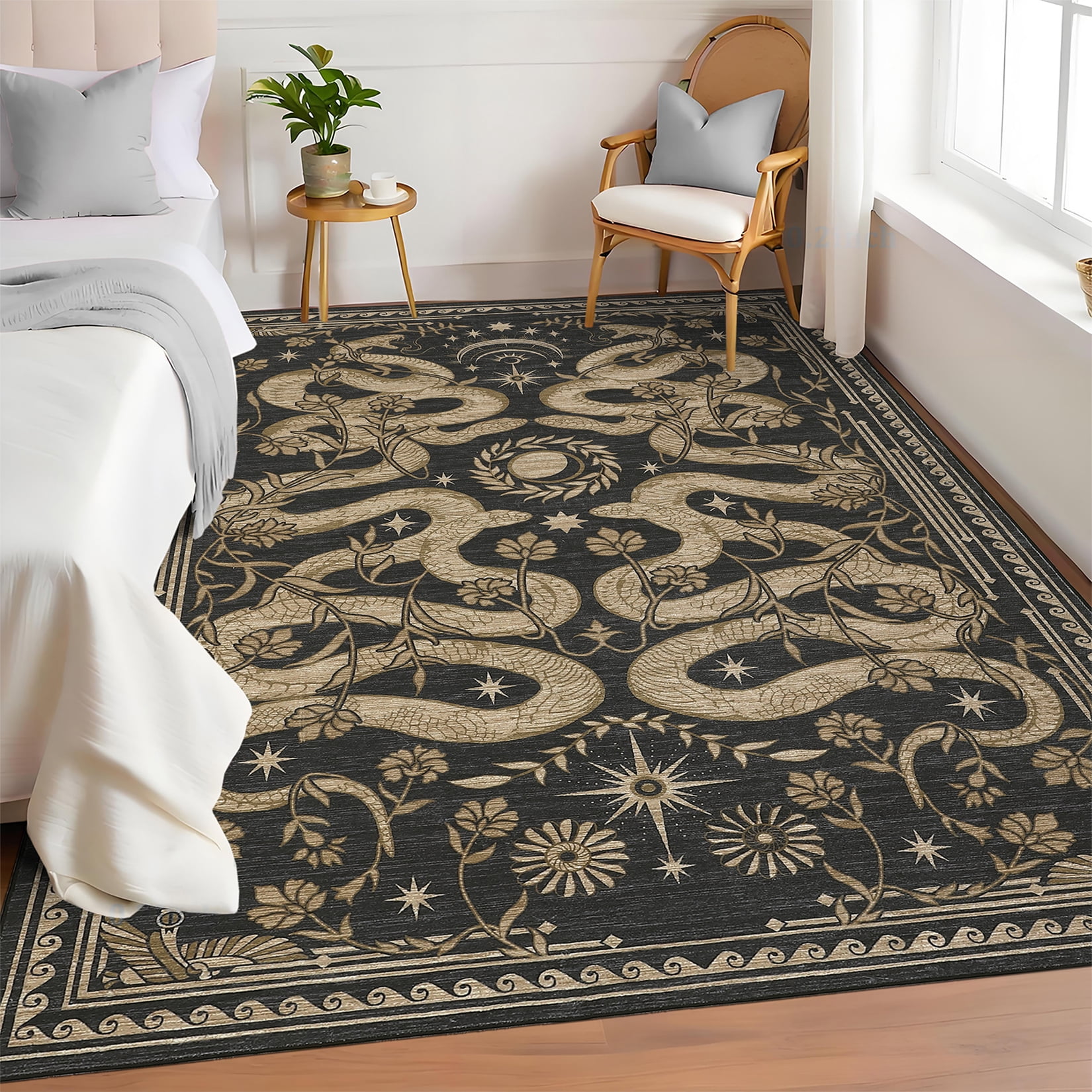 Garvee 5'x7' Modern Snake Printed Area Rug Washable Living Room Rug, Forest Low Pile Stain Resistant Rug Non Slip Carpet for Bedroom Dining Room, Dark Gray
