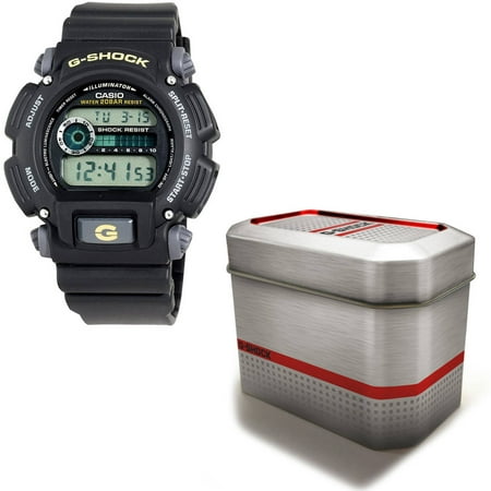 Casio Men's G-Shock Watch with Reusable Gift Tin, Gold Accents with Black Resin Strap