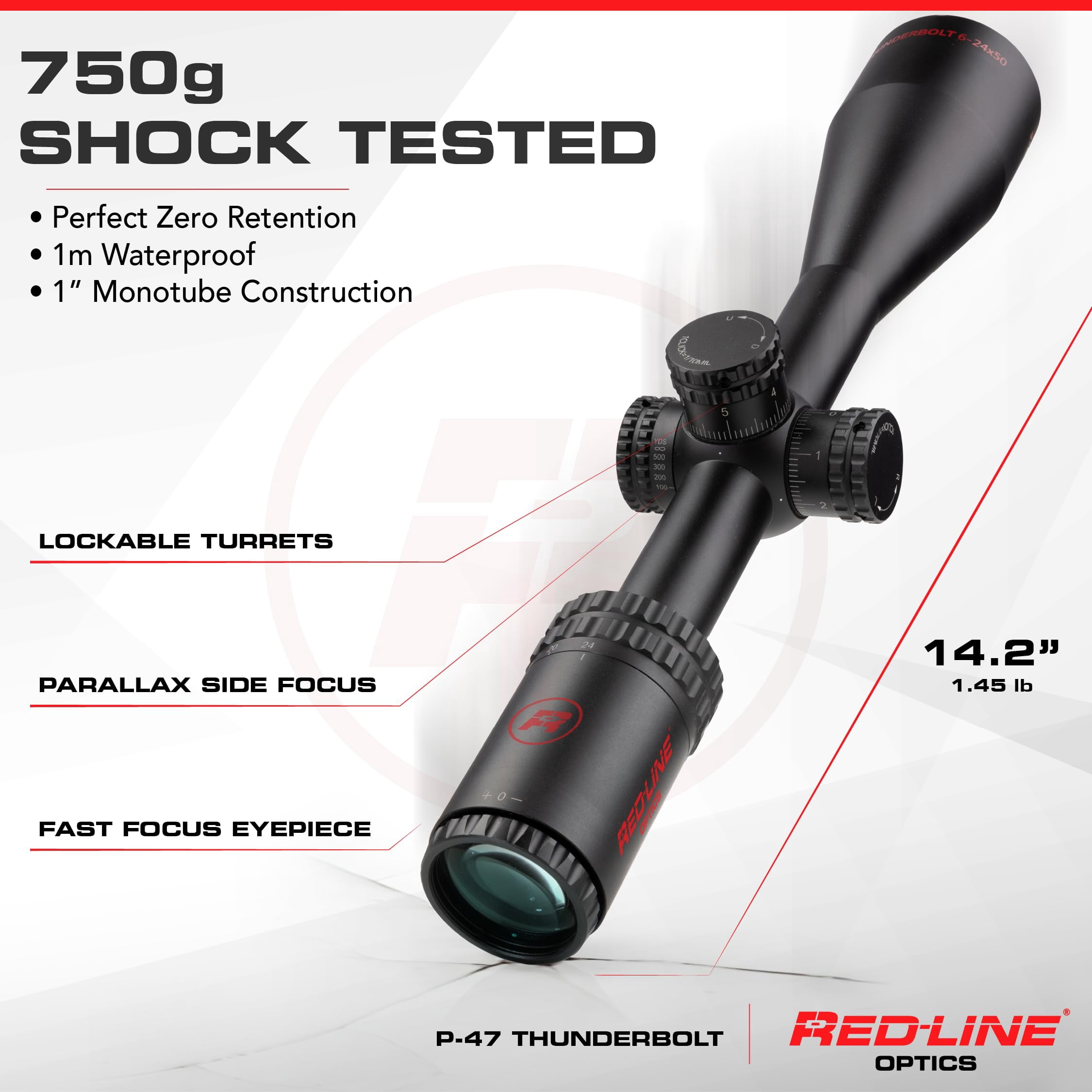 Red-Line Optics P-47 Thunderbolt II 6-24x50, SFP, MRAD, 1" monotube, Hunting, Long-Range Precision, Competition Scope .22LR, tested up to a 30-06 Designed in USA Based in WA (Black Red)