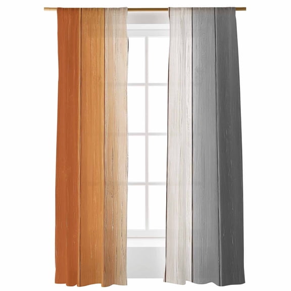 Sheer Curtains 108 inches Long, Orange Grey Gradient Wood Grain Farmhouse Retro Striped Light Filtering Sheer Window Curtains Rod Pocket Voile Drapes for Bedroom Living Room, 52"W x 108"L 2 Panels