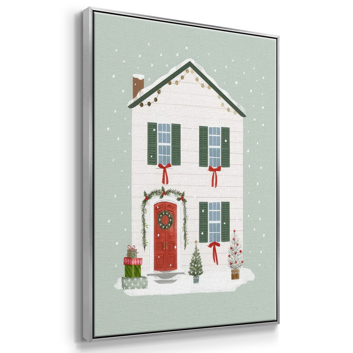Festive Front Door III - Framed Gallery Wrapped Holiday Canvas - 25 x 37 - Silver Frame