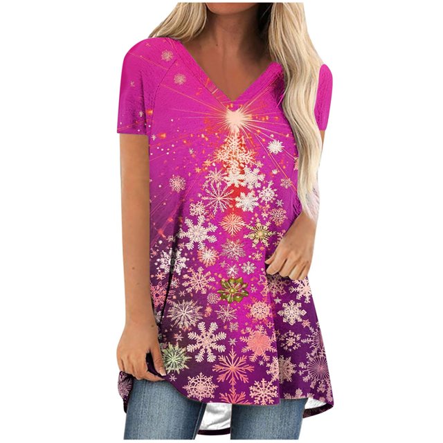 Camiseta Impresa con Cuello en V de Manga de Raglan de la Parte Trasera Larga Delantera Corta de las Mujeres de Navidad, Vacaciones Informales