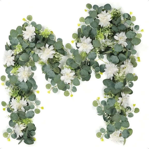 Ipopu 6ft Artificial Dahlia Garlands White Dahlia Vines with Eucalyptus Leaves Greenery Floral Hanging Ivy Garland for Wedding Arch Party Ceremony Background Wall Garden Table Centerpiece Decor