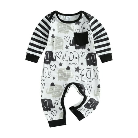 

Baby Boys Spring Autumn Jumpsuit Long Sleeve O Neck Heart Elephant Print Striped Patchwork Romper（3-24Months）