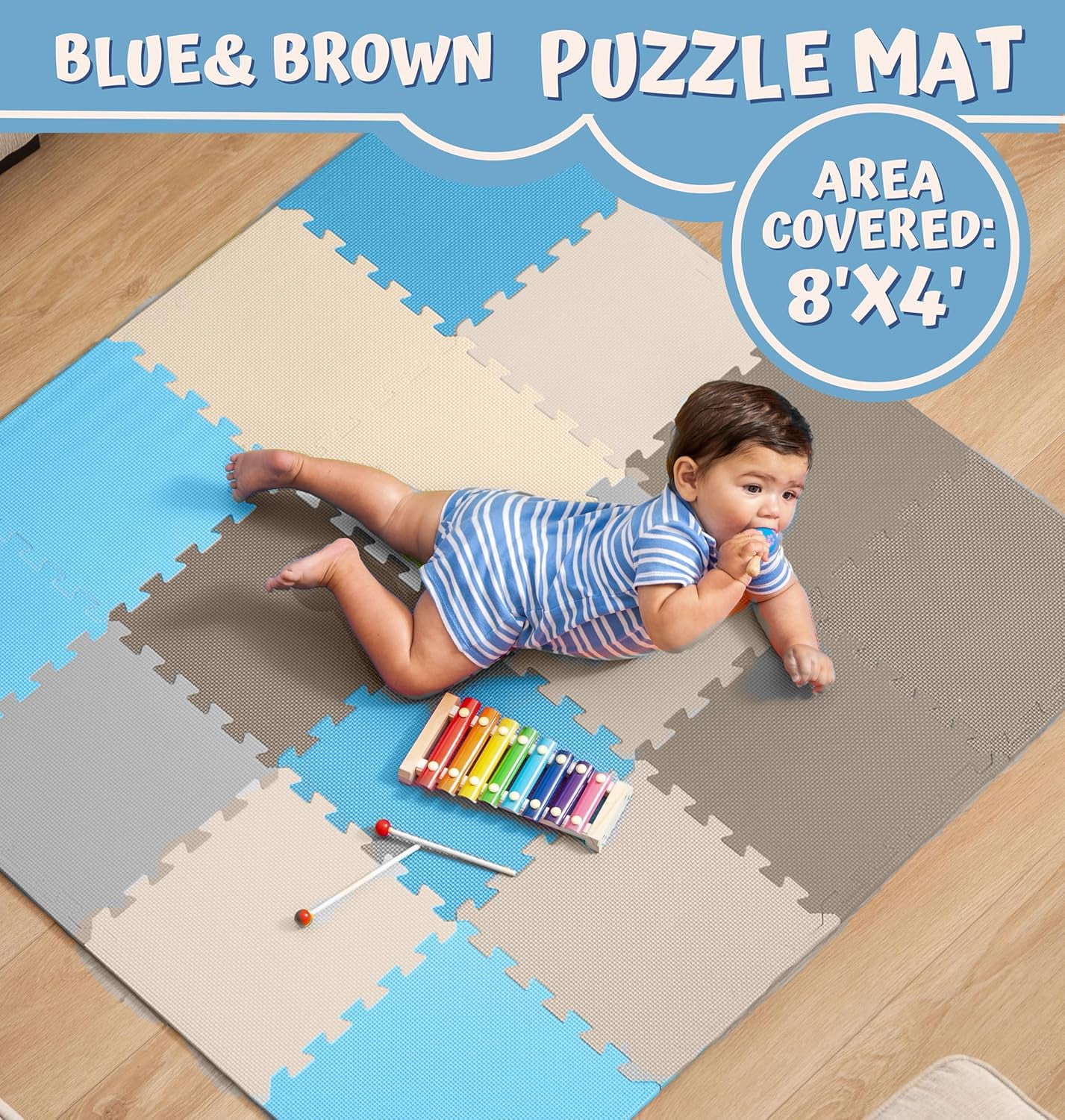 ToyVelt Foam Puzzle Floor Mat for Kids – 32 TilesMultiColor Interlocking Play Mat (Blue Brown Beige)