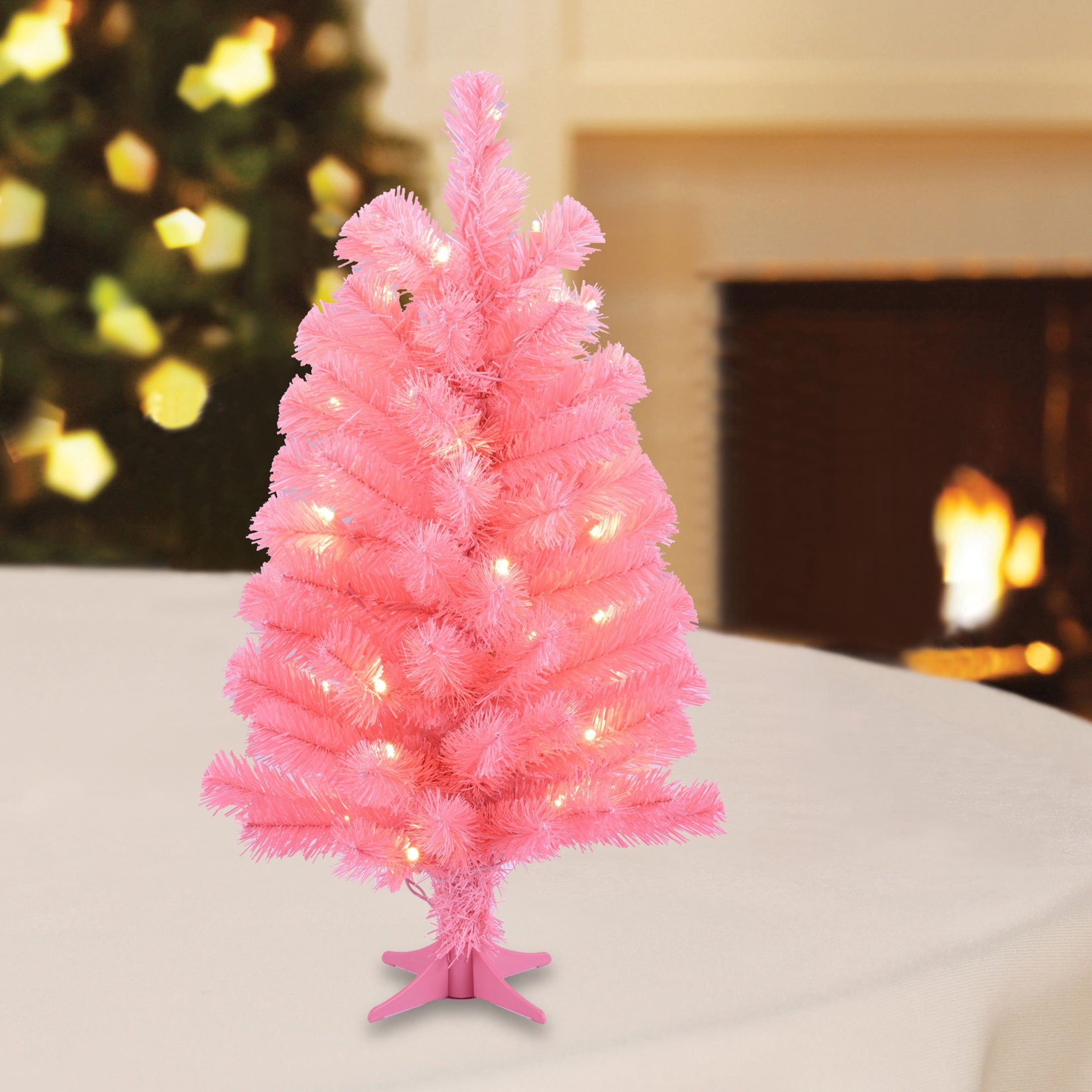 2 FT Mini Pre-Lit Pink Artificial Christmas Tree with 35 Warm White LED Lights and Stand, by Holiday Time
