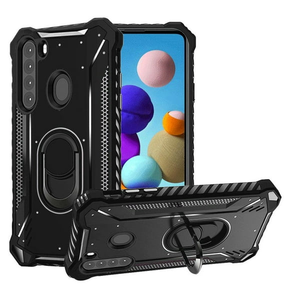 GSA Screw Metal Jacket Case w/Ring Stand for Samsung Galaxy A21 - Black