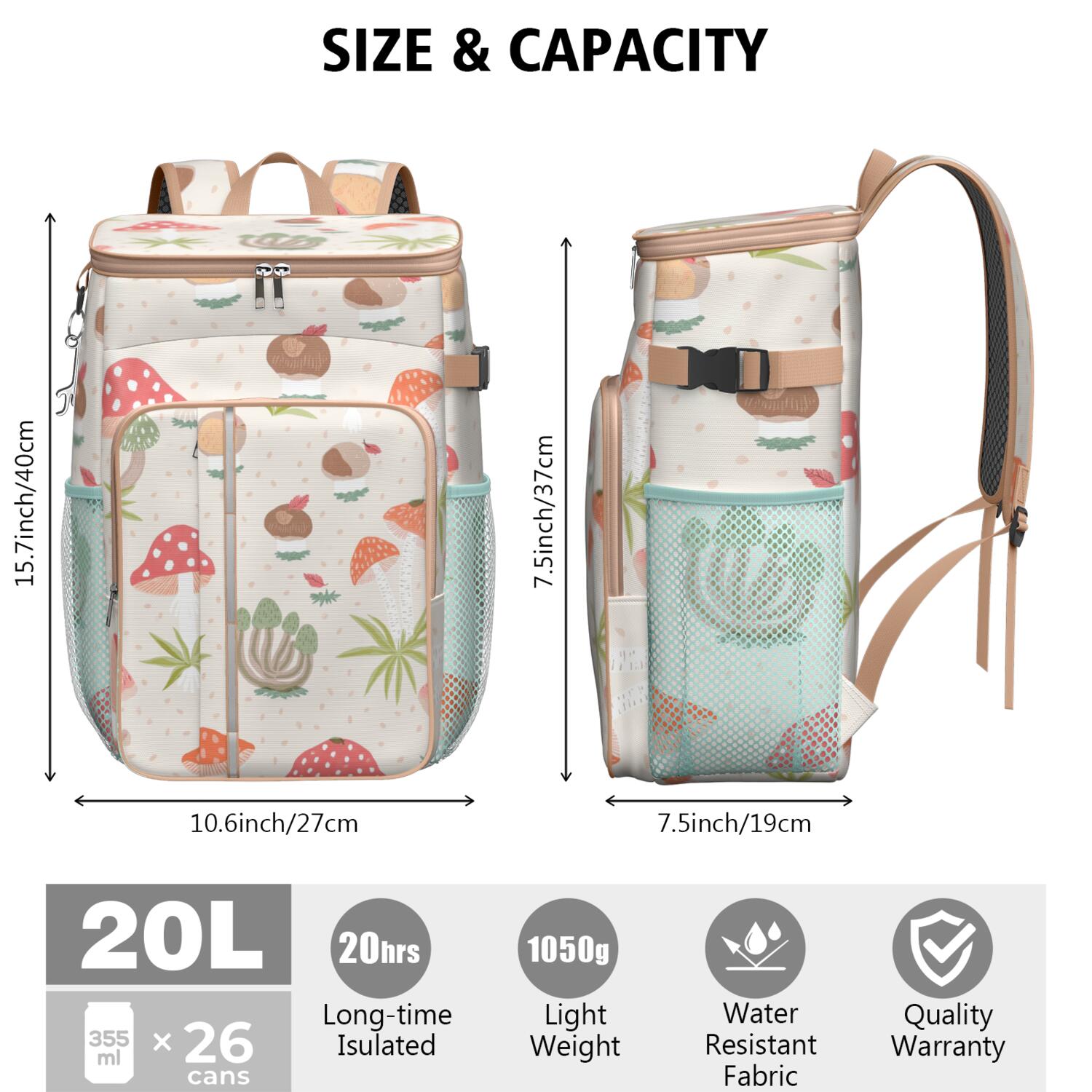 Insulated Lunch Box Cooler Backpack Mushroom Lunch Backpack Leak Proof Travel Camping Lunch Backpack Outdoor Cutlery Backpack for Anglers Family Travelers