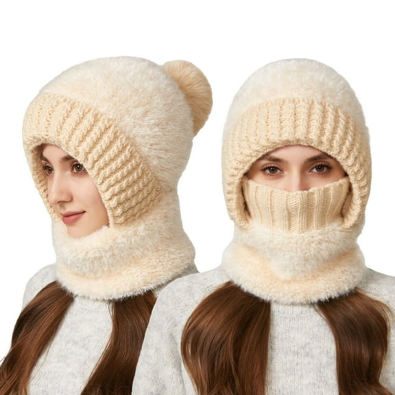 Women's 3-in-1 Ribbed Knit Hat with Integrated Scarf, Winter Face Mask Beanie, Thermal Ear Flap Trapper Cap, Cold Weather Balaclava Style, Unisex Outdoor Winter Gear - Beige