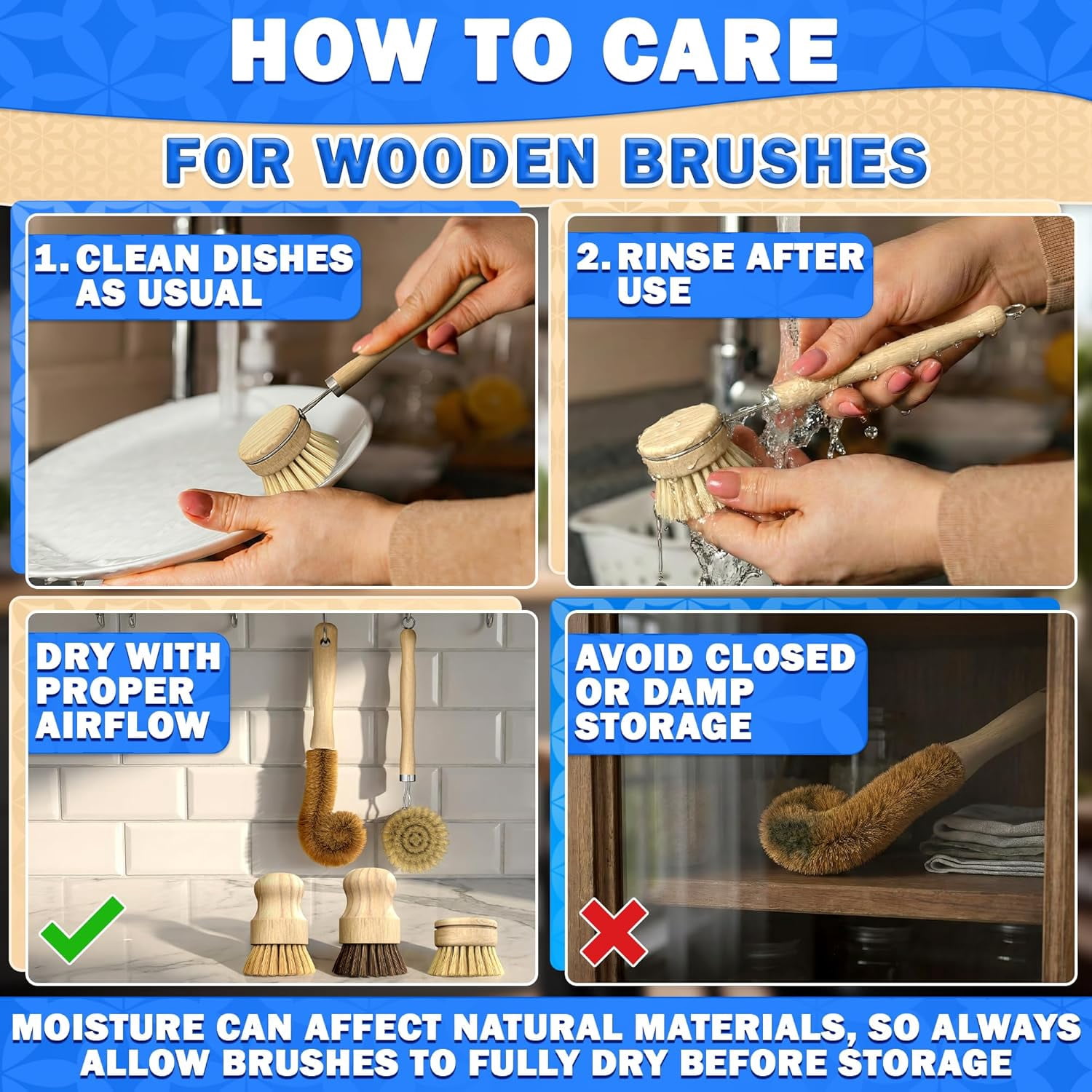 5 Pcs Bamboo Dish Brush Set – Scrubber with Soft & Stiff Non-Scratch Bristles Ergonomic Handle Replacement Head Included Lightweight Kitchen for Pots Bottles Vegetables