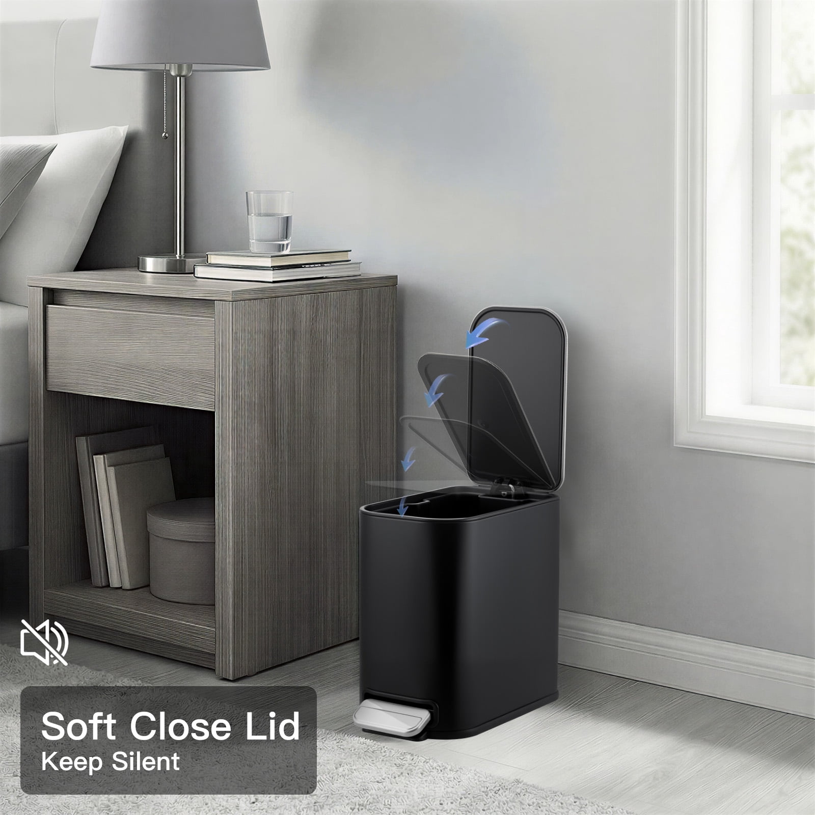 Bathroom Trash Can, 1.3 Gallon (5 L) Small Trash Bin with Lid, Slim for Small Spaces, Stainless Steel Garbage Can, Soft Close, for Home and Office
