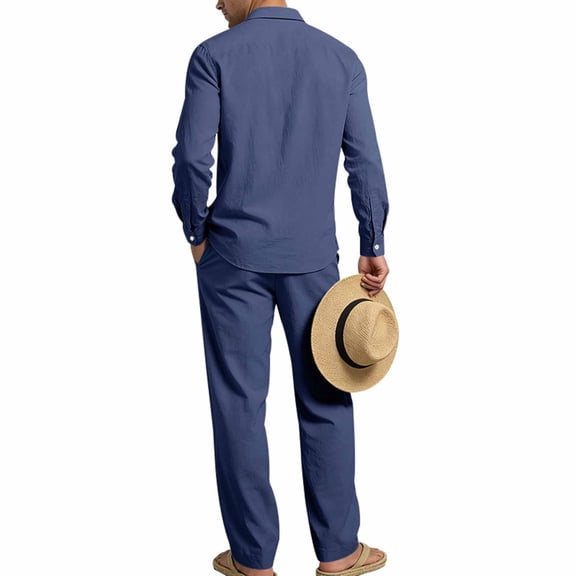 Ohufall Sets for Men Turndown Collar Button Long Sleeve Zipper Straight Solid Color Pants Set