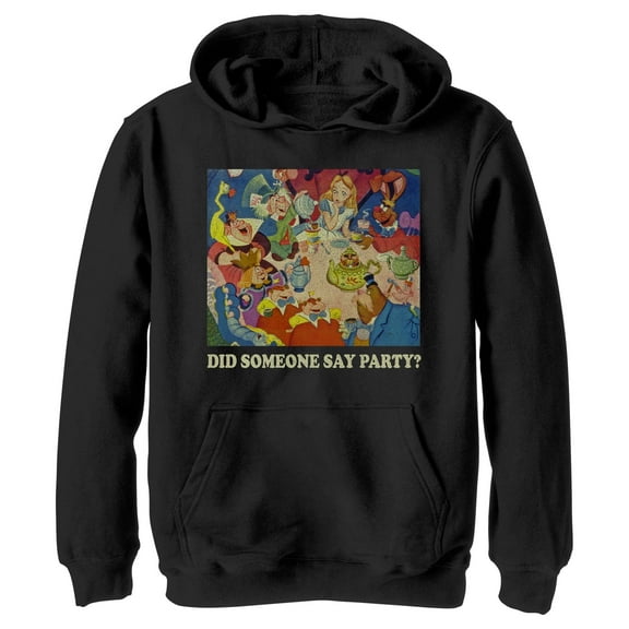 Boy's Alice in Wonderland Did Someone say Party  Pull Over Hoodie Black Medium