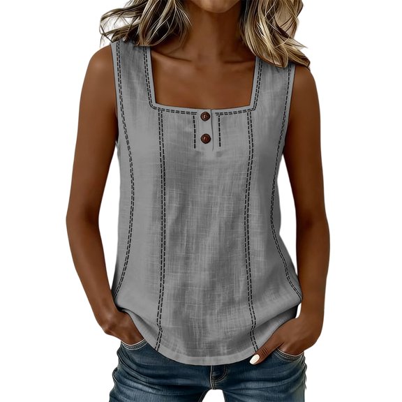 Erwazi Womens Square Neck Tank Top Button Wide Strap Sleeveless Casual Trendy Top