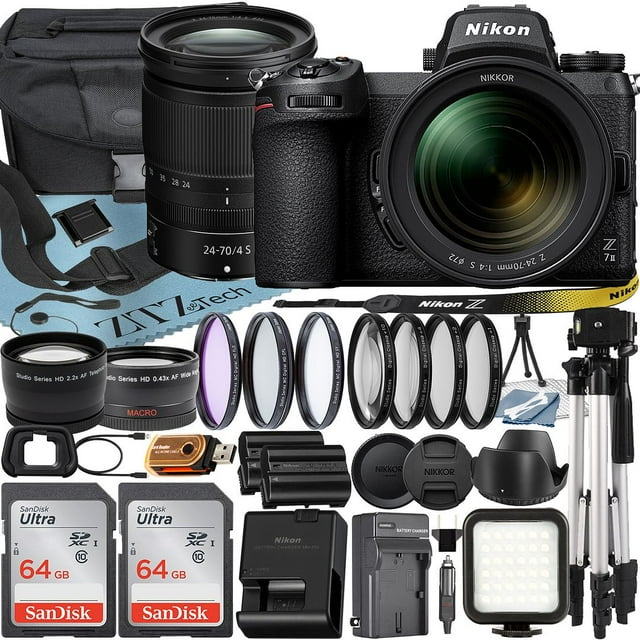 Nikon Z7 II Mirrorless Camera with NIKKOR Z 24-70mm f/4 S Lens + SanDisk 64GB Card + Case + Telephoto + Tripod + ZeeTech Accessory Bundle