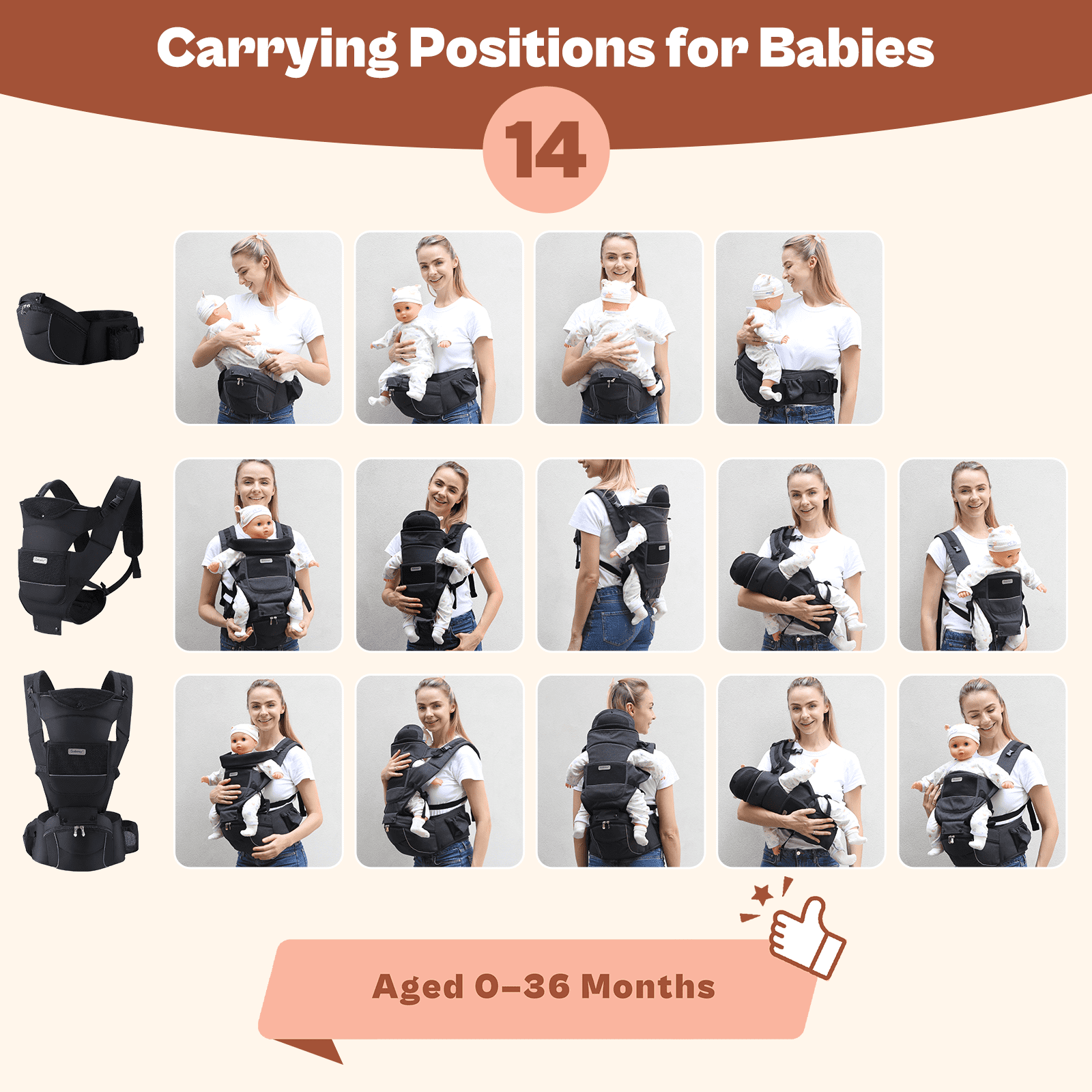 Baby Carrier with Hip Seat Ergonomic M Position 6-in-1 Baby Wraps Carrier Adjustable Holder Newborn to Toddler with Head Support and Breathable Mesh, Black