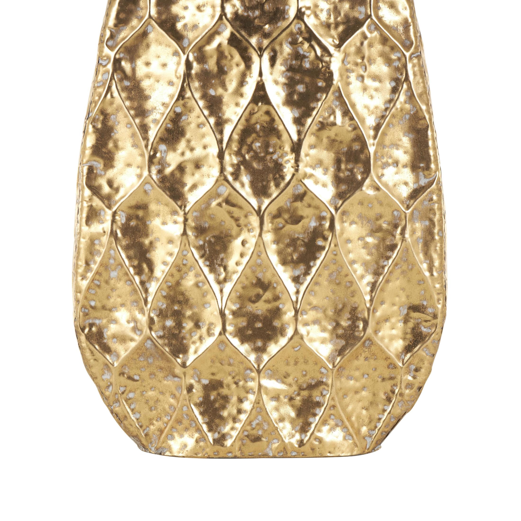 DecMode 34" Textured Concaved Teardrop Gold Metal Vase with Peacock Inspired Design