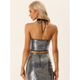 thumbnail image 3 of Top corto de lentejuelas para mujer Top de fiesta brillante con cuello halter recortado Negro plata L, 3 of 6