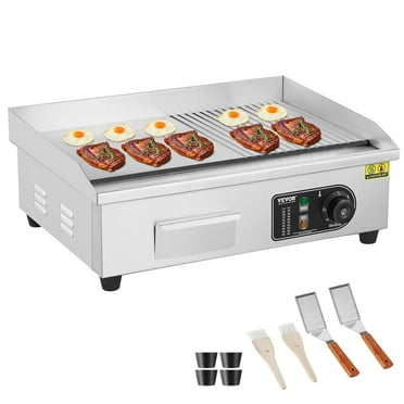 VEVOR Commercial Electric Griddle,1600W Countertop Half-Flat Top Grill,122℉-572℉ Adjustable Temp, 22in Stainless Steel Griddle Grill with 2 Shovels and 2 Brushes for Home or Restaurant