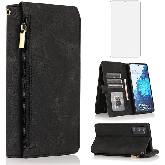 MYKOMI Compatible with Samsung Galaxy S20 FE Gaxaly S 20 FE 5G UW 6.5 inch Wallet Case HD Screen Protector Zipper Flip Cover Card Holder Phone Cases for Glaxay S20FE5G S20FE 20S Fan Edition Black
