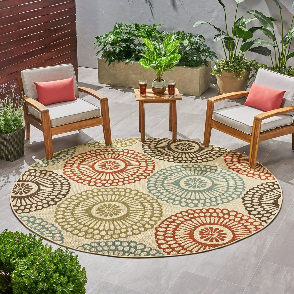 Ignatius Outdoor 7'10" Round Medallion Area Rug, Ivory and Multi