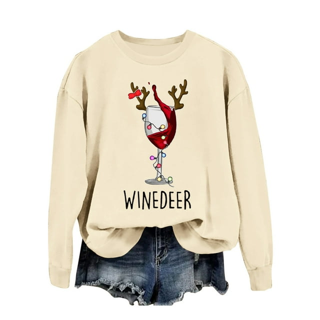 GPOECD Chandail en Molleton Léger à Manches Longues pour Femmes, Col Rond, Imprimé de Noël, Chandail Décontracté, Haut Graphique de Vacances, Tissu Doux et Confortable, Beige, S
