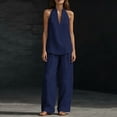 thumbnail image 4 of Summer Two Piece Sets for Women Sleeveless Halter Neck Tank Top Wide Leg Pants Matching Set Casual Linen Lounge Outfits with Pockets, 4 of 9